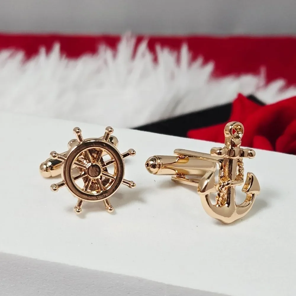 Nautical Anchor & Ship Wheel Cufflinks Gold Asymmetrical Maritime Sailor Gift